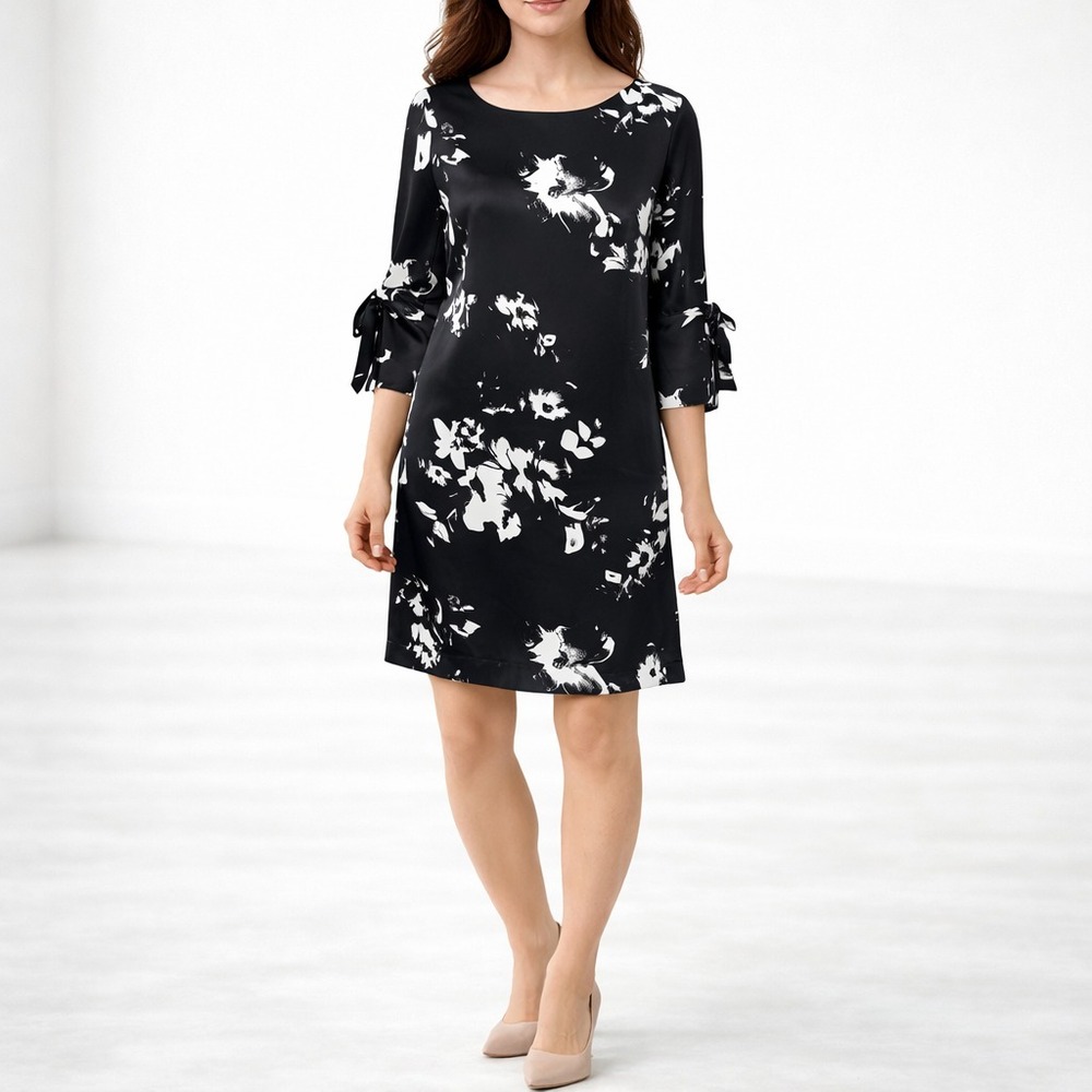H&M Floral Shift Dress Bow Sleeve 3/4 Sleeve Mini Dress Size 4 Black White NWT